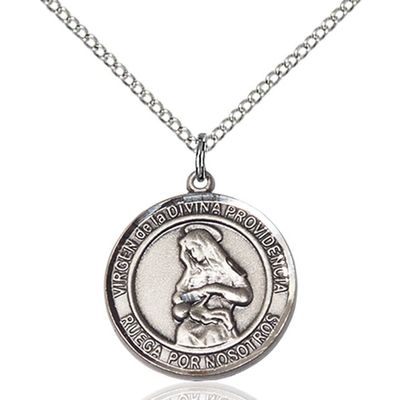 Bonyak Jewelry Saint Medal Collection Sterling Silver Virgen Divina Providencia Pendant 3/4 x 5/8 inches with 18 inch Sterling Silver Curb Chain