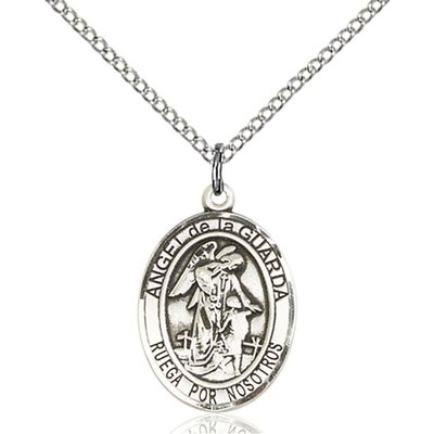 Bonyak Jewelry Saint Medal Collection Sterling Silver Angel de la Guardia Pendant 3/4 x 1/2 inches with 18 inch Sterling Silver Curb Chain