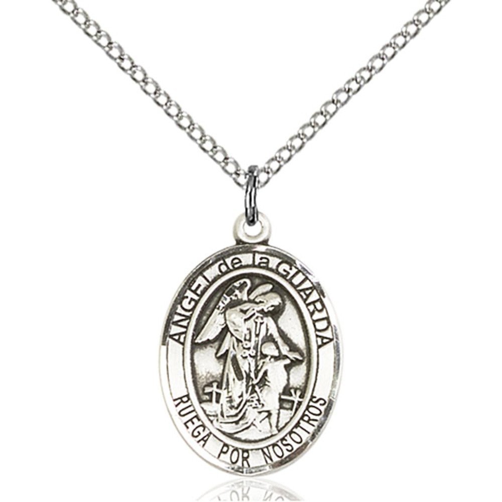 Bonyak Jewelry Saint Medal Collection Sterling Silver Angel de la Guardia Pendant 3/4 x 1/2 inches with 18 inch Sterling Silver Curb Chain
