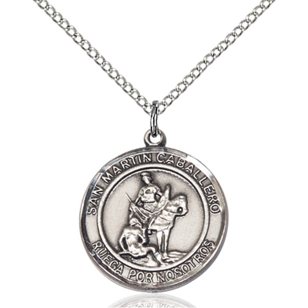 Bonyak Jewelry Saint Medal Collection Sterling Silver San Martin Caballero Pendant 3/4 x 5/8 inches with 18 inch Sterling Silver Curb Chain