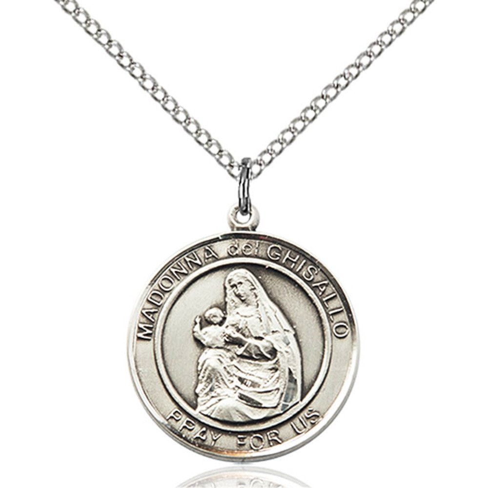 Bonyak Jewelry Saint Medal Collection Sterling Silver Madonna Del Ghisallo Pendant 3/4 x 5/8 inches with 18 inch Sterling Silver Curb Chain
