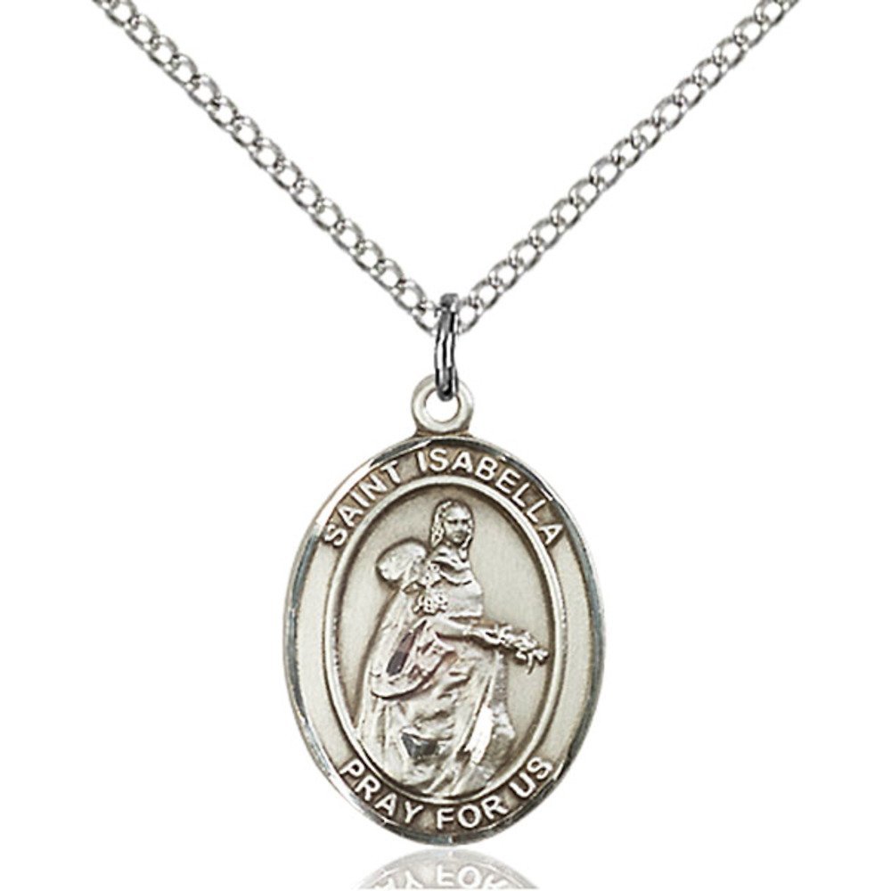 Bonyak Jewelry Saint Medal Collection Sterling Silver St. Isabella of Portugal Pendant 3/4 x 1/2 inches with Sterling Silver Lite Curb Chain