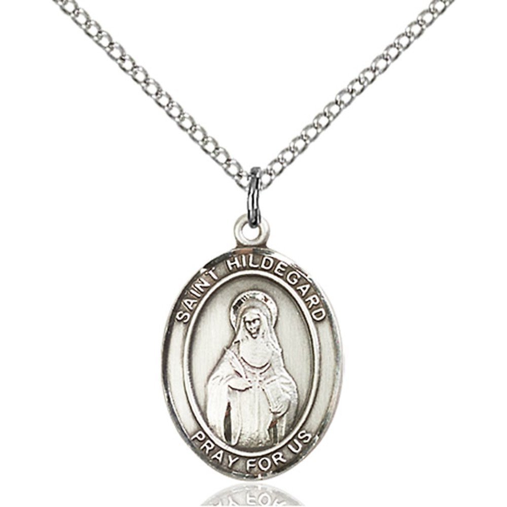 Bonyak Jewelry Saint Medal Collection Sterling Silver St. Hildegard Von Bingen Pendant 3/4 x 1/2 inches with Sterling Silver Lite Curb Chain