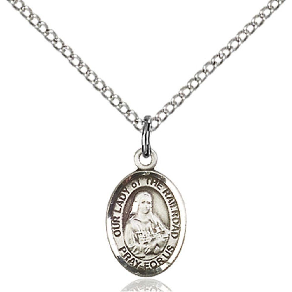 Bonyak Jewelry Saint Medal Collection Sterling Silver Our Lady of the Railroad Pendant 1/2 x 1/4 inches with Sterling Silver Lite Curb Chain