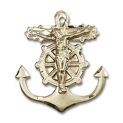 14kt Yellow Gold Anchor Crucifix Medal 1 x 7/8 inches