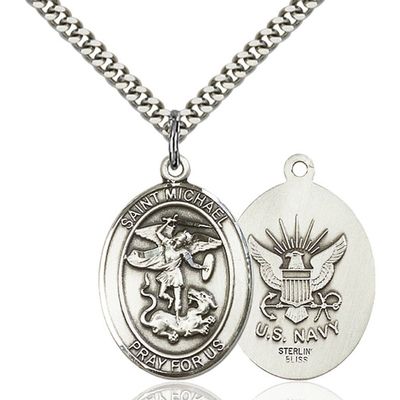 Bonyak Jewelry Saint Medal Collection Sterling Silver St. Michael the Archangel Pendant 1 x 3/4 inches with Heavy Curb Chain