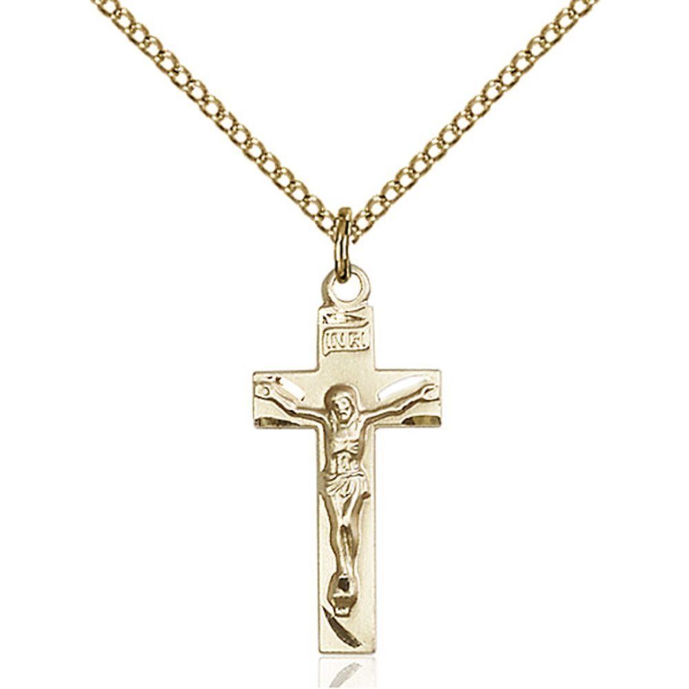 Bonyak Jewelry Saint Medal Collection Gold Filled Crucifix Pendant 7/8 x 3/8 inches with Gold Filled Lite Curb Chain