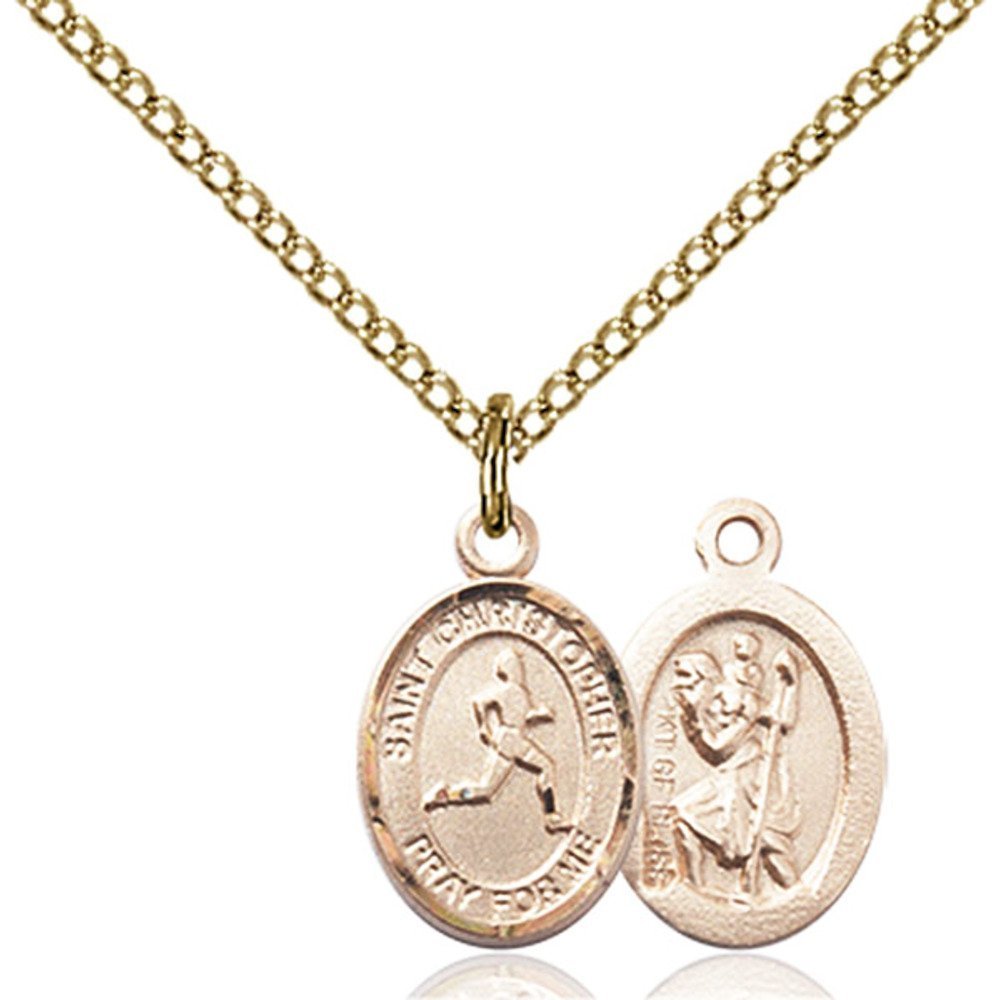 Bonyak Jewelry Saint Medal Collection Gold Filled St. Christopher/Track & Field Pendant 1/2 x 1/4 inches with Gold-Filled Lite Curb Chain