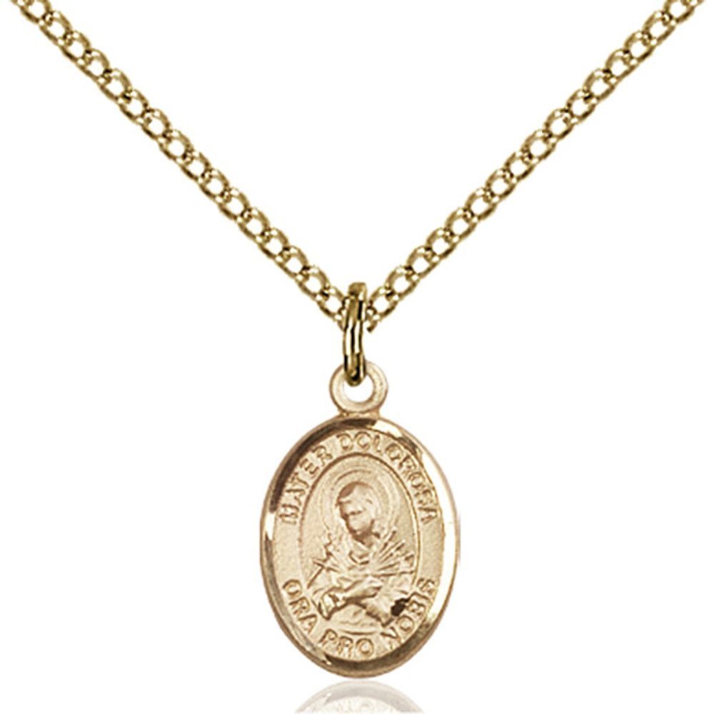Bonyak Jewelry Saint Medal Collection Gold Filled Mater Dolorosa Pendant 1/2 x 1/4 inches with Gold Filled Lite Curb Chain
