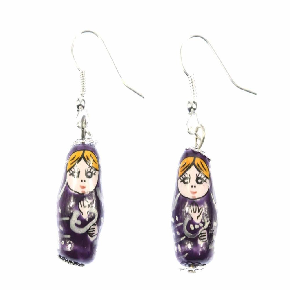 Matryoshka Earrings Miniblings Babuschka Russian Doll Porcelain Ceramic Purple