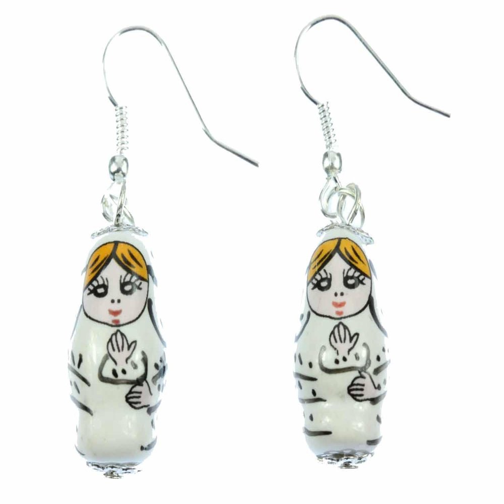 Matryoshka Earrings Miniblings Babuschka Russian Doll Porcelain Ceramic White