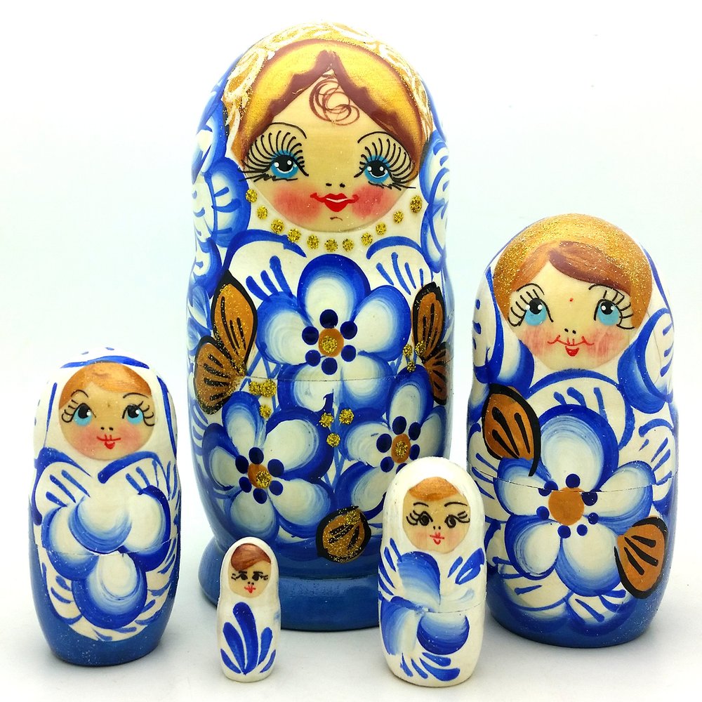 BuyRussianGifts Blue Nesting Dolls Matryoshka Gzhel Style Hand Painted Stacking Doll 5 inch Tall Set