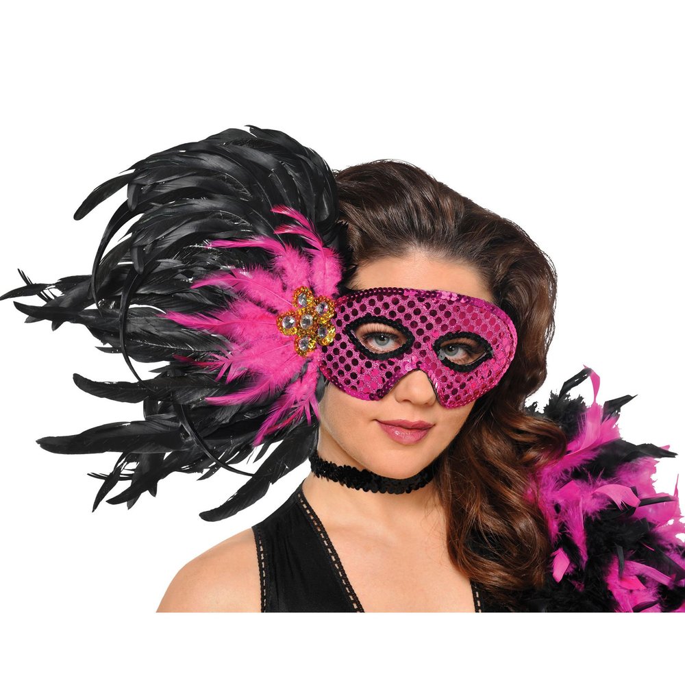 amscan Pink & Black Sequin Feather Masquerade Mask