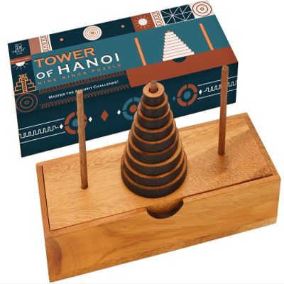 BSIRI Fun Puzzle Board Games Gifts of Hanoi Tower (9 Rings) with Wooden Designs for Brain Teasers Logic Games Kids and Adults to Challenges Mastermind Game and Think for Fun Learning Tower Puzzles