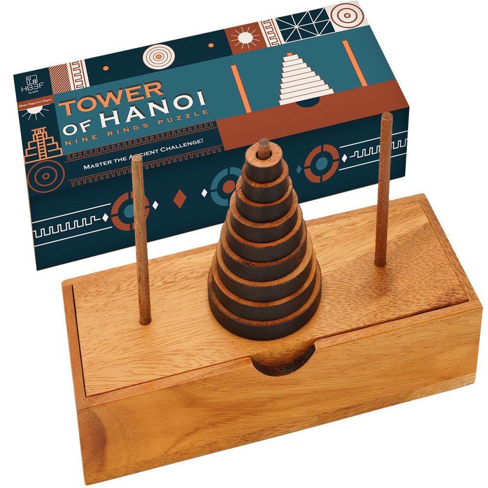 BSIRI Fun Puzzle Board Games Gifts of Hanoi Tower (9 Rings) with Wooden Designs for Brain Teasers Logic Games Kids and Adults to Challenges Mastermind Game and Think for Fun Learning Tower Puzzles