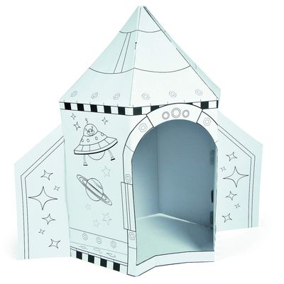 Fun Express Cardboard Playhouse Rocket Ship Toy for Kids - 5 Foot Color Your Own Spaceship for Indoor Play | White Cardboard House to Color for Toddler Activities & Creative Arts Projects