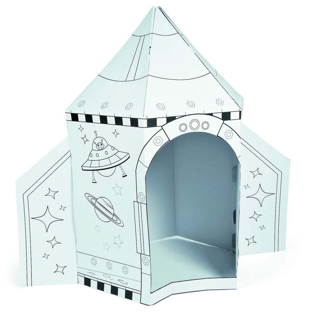 Fun Express Cardboard Playhouse Rocket Ship Toy for Kids - 5 Foot Color Your Own Spaceship for Indoor Play | White Cardboard House to Color for Toddler Activities & Creative Arts Projects