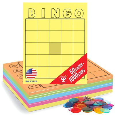 Hygloss Products Blank Bingo Cards To Write On - 50-Pack Multicolor -1000 Chips Included - Large Size Bingo Sheets Disposable - Activities For Classroom, Parties, Contests, Weddings, Events & More