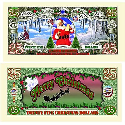 American Art Classics Pack of 5 - $25.00 Christmas Santa Dollars - Collectible Novelty St. Nick Dollar Bills - Best Fun Stocking Stuffer Gift