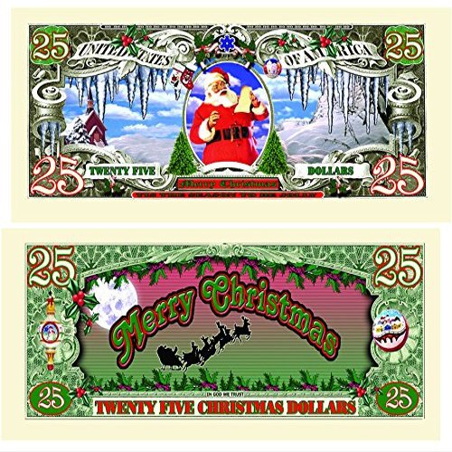 American Art Classics Pack of 5 - $25.00 Christmas Santa Dollars - Collectible Novelty St. Nick Dollar Bills - Best Fun Stocking Stuffer Gift
