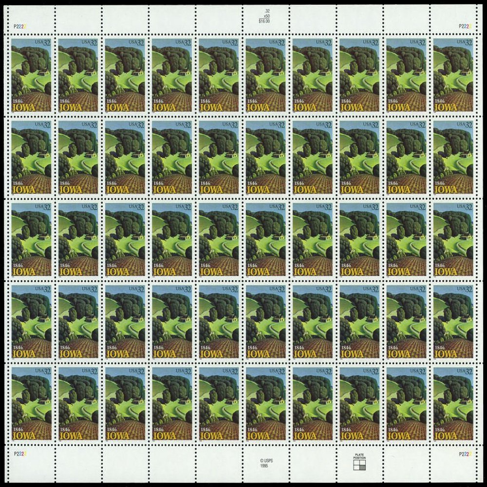 Iowa Statehood Full Sheet of 50 x 32 Cent Stamps Scott 3088 By USPS