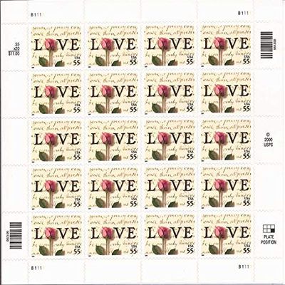 2001 55c Love Pane of 20 Stamps Scott 3499 By USPS