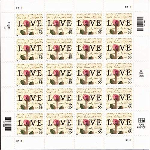2001 55c Love Pane of 20 Stamps Scott 3499 By USPS