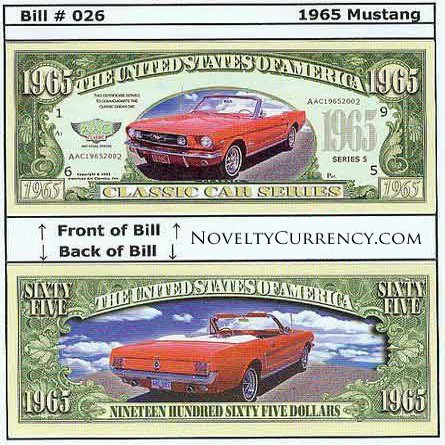 American Art Classics 1965 Mustang Convertible Novelty Money Bill in Currency Holder