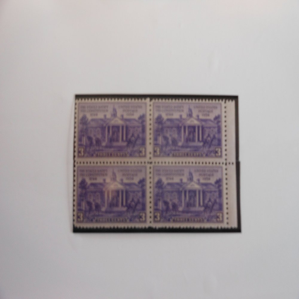 Block of 4, $.03 Cent US Postage Stamps, Constitution Ratification Issue, Old Courthouse Williamsburg, 1938, S#835