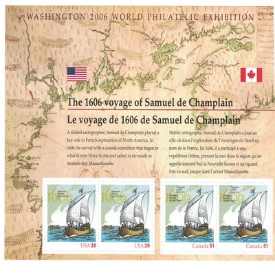 1606 Voyage of Samuel De Champlain U.S. / Canada Sheet of Four Scott 4074
