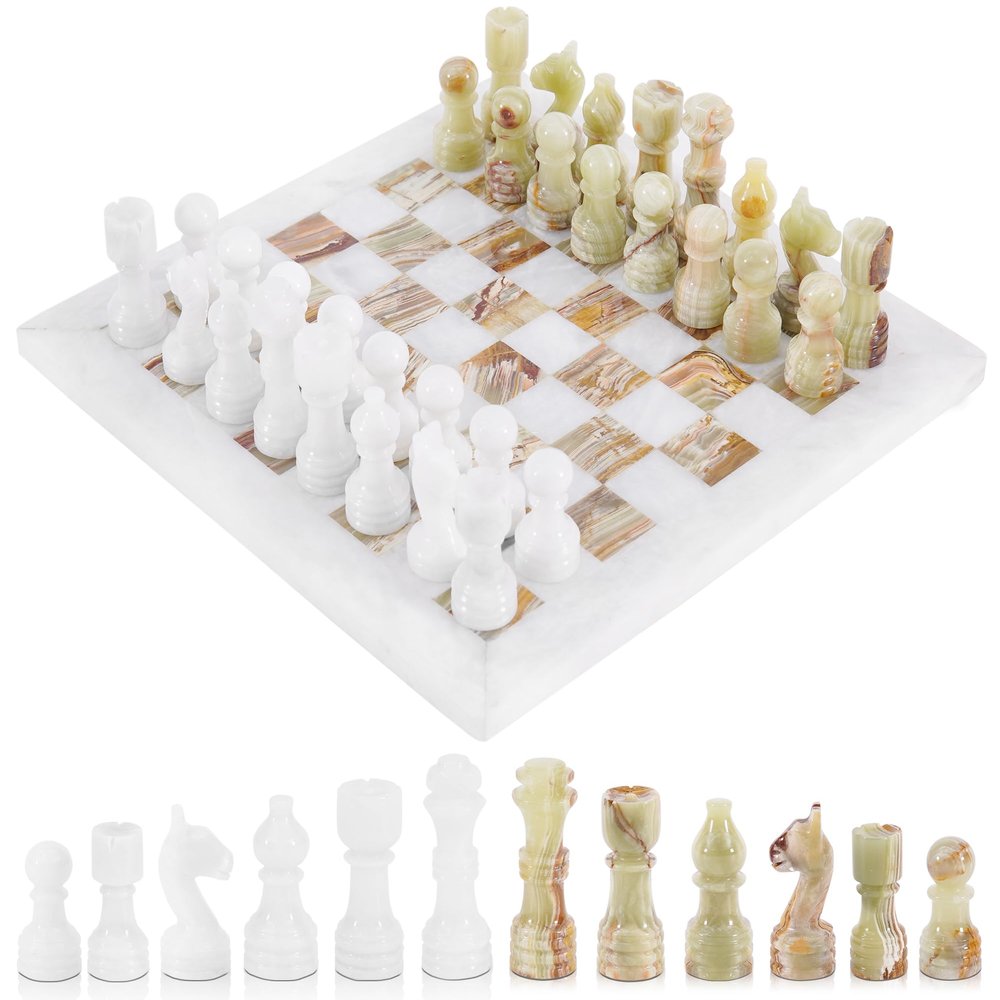 Radicaln Marble Chess Set 12'' Inches White and Green Onyx Handmade Luxury Board Games for Adults, Ideal Marble Chess Board Game Set & Chess Pieces for Home Decor