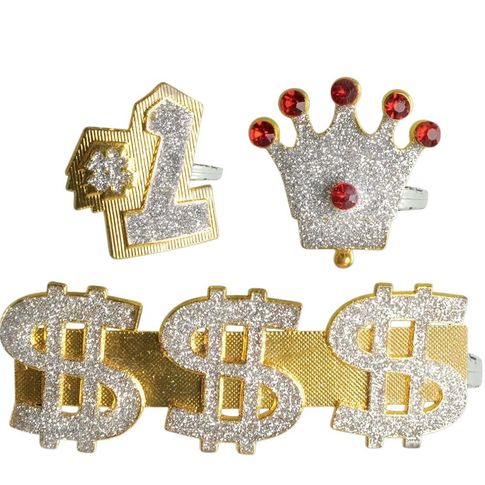 Eye-Catching Gold Assorted Bling Rings (Pack of 3) - 6.5" X 4.5" - Luxurious Metal Design - Perfect for Parties & Gifts