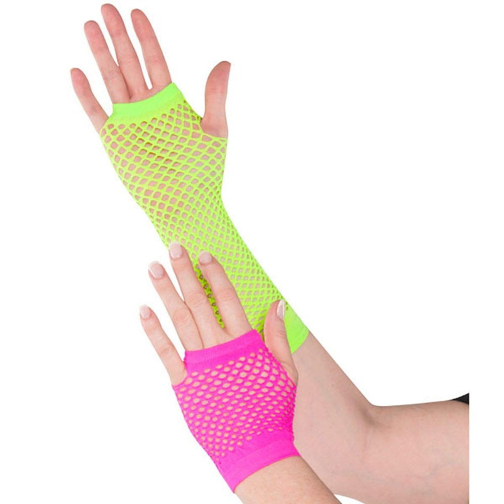 80's Punk Neon Pink and Green Fingerless Fishnet Long and Short Gloves - Fits Most Teens & Adults, 2-Piece Set - Ideal for Christmas, Halloween, & Theme Parties