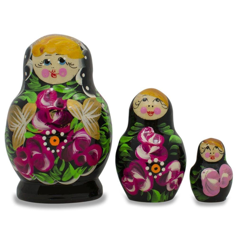 BestPysanky Set of 3 Floral on Black Dress Dolls 3.5 Inches