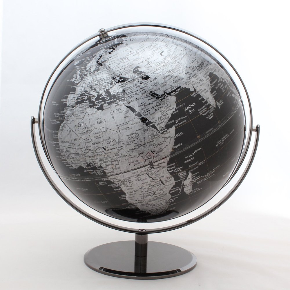 12" Diameter Black & Silver Decorative Table Top World Globe