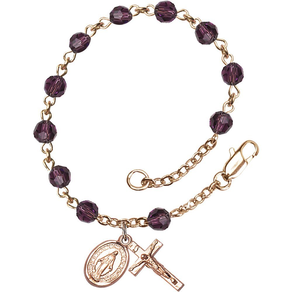 14kt Yellow Gold Filled Rosary Bracelet 5mm February Purple beads Crucifix sz 5/8 x 1/4.