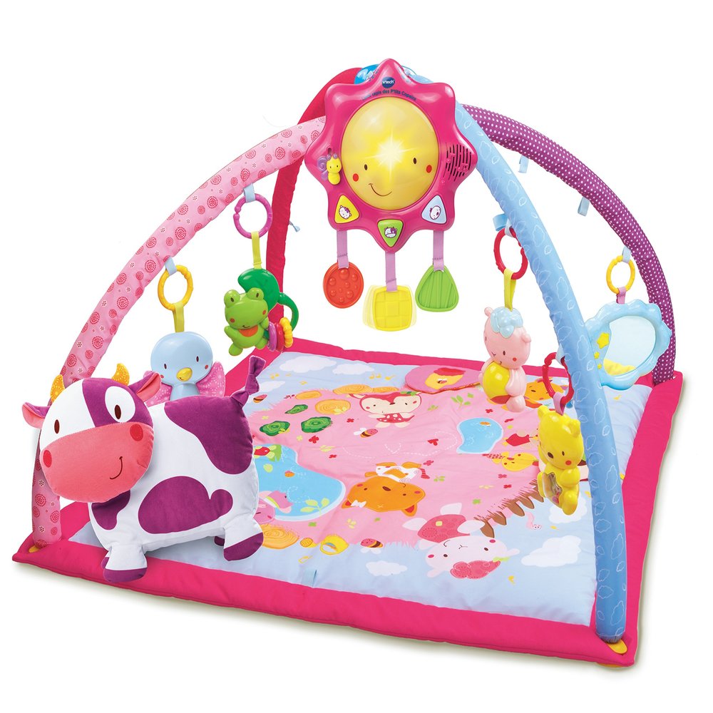 VTech - Lumi Tapis des P'tits Copains Rose, Musical and Evolutionary Play Mat, Activity and Development Toy, Rattles, Cow Plush, Baby Birth Gift - English Content