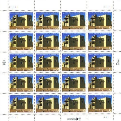 1998 SPANISH SETTLEMENT OF THE SOUTHWEST #3220 Pane of 20 x 32 cents US Postage Stamps by US Postal Service