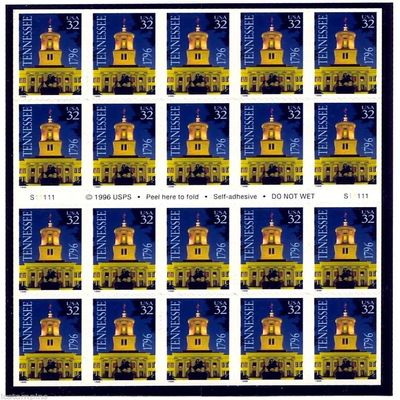 1996 Tennessee Bicentennial 1796 Stamps: Sheet of 20 32-cent Self-Adhesive Stamps, Scott 3070