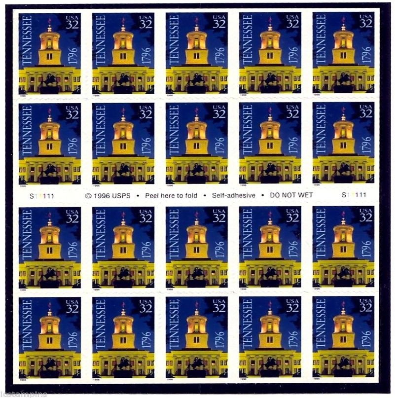 1996 Tennessee Bicentennial 1796 Stamps: Sheet of 20 32-cent Self-Adhesive Stamps, Scott 3070