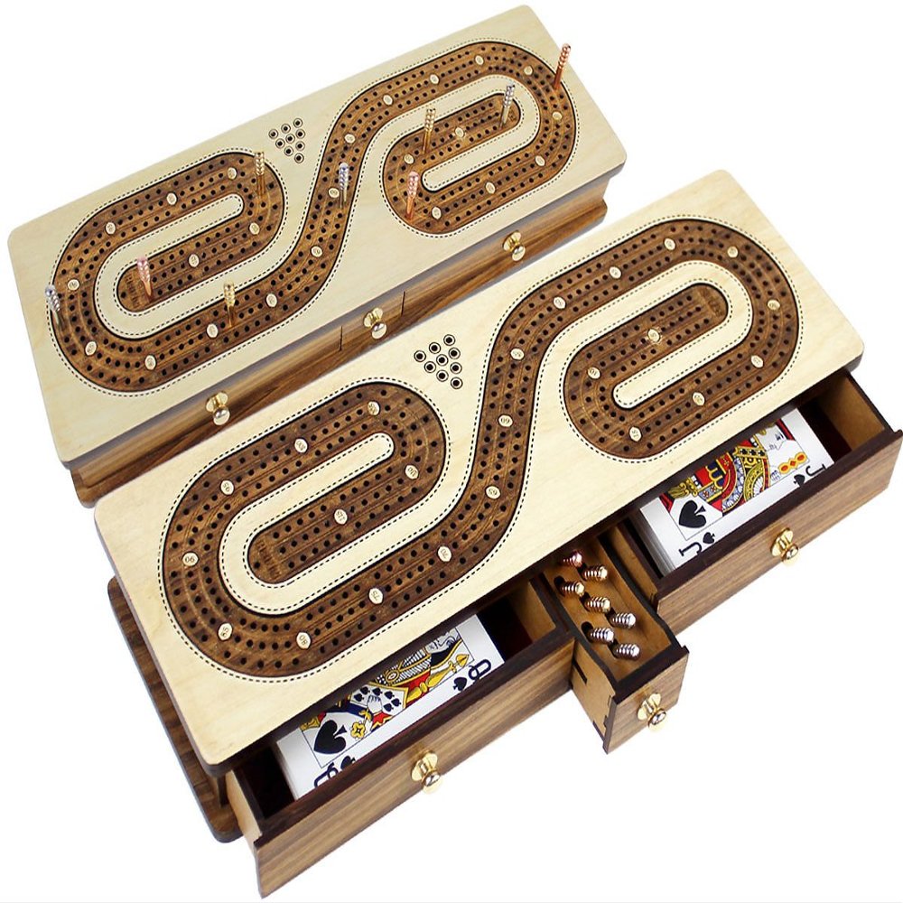 House of Cribbage - Continuous Cribbage Board Inlaid with Maple/Teak Wood : Alphabet S Shape Inlaid 3 Tracks with Drawer Storage