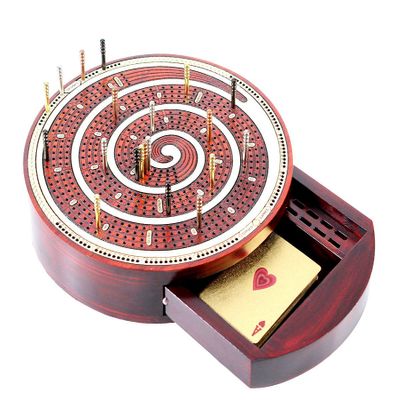 House of Cribbage - Cribbage Board Spiral Design Round Shape 4 Tracks Maple/Bloodwood with Place for Skunks, Corners & Won Games