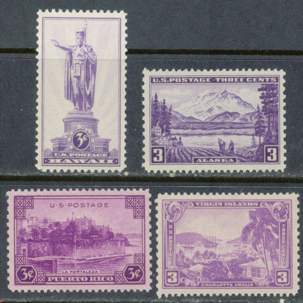 1937 Territorial Stamps Hawaii, Alaska, Puerto Rico, Virgin Islands Mint, never-hinged