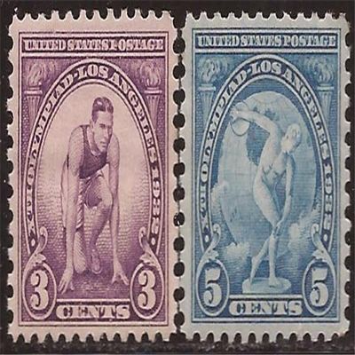 1932 Olympics Stamps US Runner and Discus Thrower Mint Never hinged