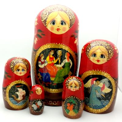 Tsar Saltan Fairy Tale by Pushkin Russian Nesting Doll Hand Carved Hand Painted 5 Piece Set 7" Tall