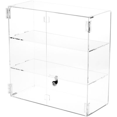 Plymor Clear Acrylic Rectangular Locking Display Case, 2 Shelves, 16.5" H x 16.25" W x 7" D