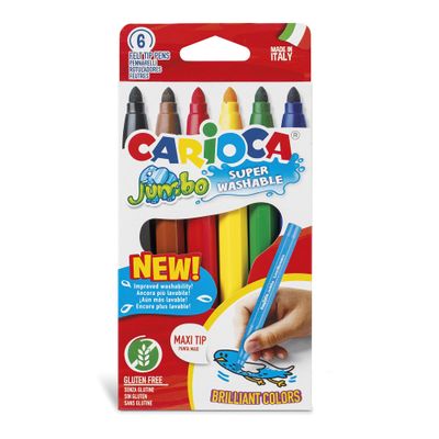 CARIOCA Jumbo Super Washable Markers for Kids 6 Assorted Colors, 6 mm Maxi Felt Tip Pens, Non-Toxic, Easy Grip for Toddlers, Ideal for Christmas Gifts, Made in Italy