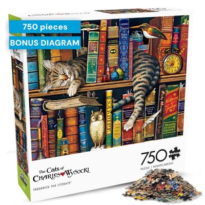 Buffalo Games - Frederick the Literate - 750 Piece Cat Jigsaw Puzzle for Adults Charles Wysocki Artwork with Poster Challenging Adult Jigsaw Puzzles