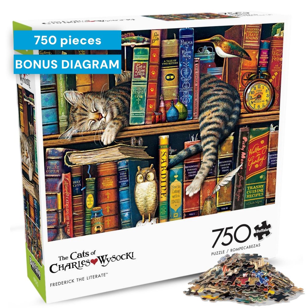 Buffalo Games - Frederick the Literate - 750 Piece Cat Jigsaw Puzzle for Adults  Charles Wysocki Artwork with Poster  Challenging Adult Jigsaw Puzzles