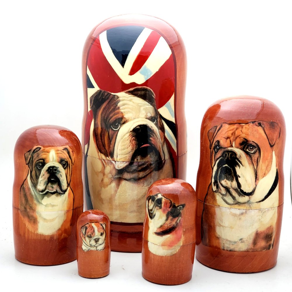 BuyRussianGifts English Bulldog Nesting Dolls Handcrafted 5-Piece Matryoshka Dog Set 7 inch Tall
